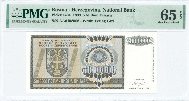 BOSNIA-HERZEGOVINA: 5 million Dinara (1993) in dark brown on light blue and yell...