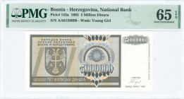 BOSNIA-HERZEGOVINA: 5 million Dinara (1993) in dark brown on light blue and yellow-orange unpt with Arms at left. S/N: "AA 0158098". WMK: Young girl. ...