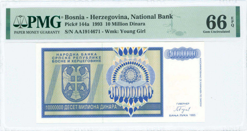 BOSNIA-HERZEGOVINA: 10 million Dinara (1993) in dark blue-violet on olive-green ...