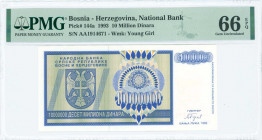 BOSNIA-HERZEGOVINA: 10 million Dinara (1993) in dark blue-violet on olive-green and yellow-orange unpt with Arms at left. S/N: "AA 1914671". WMK: Youn...