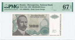 BOSNIA-HERZEGOVINA: 500 million Dinara (1993) in brown-violet and grayish green on pale olive-brown unpt with Petar Kocic at left. S/N: "A 0695594". W...