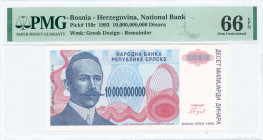 BOSNIA-HERZEGOVINA: Remainder of 10 billion Dinara (1993) in blue and red with Petar Kocic at left. Without S/N. WMK: Greek design. Inside holder by P...