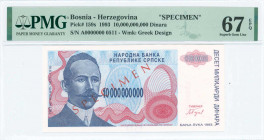 BOSNIA-HERZEGOVINA: Specimen of 10 billion Dinara (1993) in blue and red with Petar Kocic at left. S/N: "A 0000000". Red diagonal ovpt "SPECIMEN" on f...