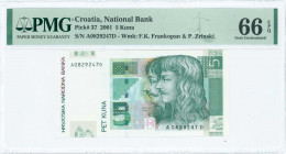 CROATIA: 5 Kuna (7.3.2001) in green on multicolor unpt with Zrinski and Frankopan at center right. S/N: "A 0829247 D". WMK: Zrinski and Frankopan. Pri...