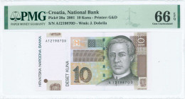 CROATIA: 10 Kuna (7.3.2001) in brown on multicolor unpt with Jurah Dobrila at right. S/N: "A 1219870 D". WMK: Dobrila. Printed by G&D. Inside holder b...