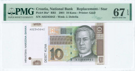 CROATIA: Replacement of 10 Kuna (7.3.2001) in brown on multicolor unpt with Jurah Dobrila at right. S/N: "A 0234564 Z". WMK: Dobrila. Printed by G&D. ...