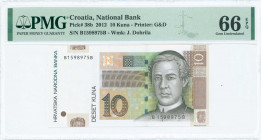 CROATIA: 10 Kuna (9.7.2012) in brown on multicolor unpt with Jurah Dobrila at right. S/N: "B 1598975 B". WMK: Dobrila. Printed by G&D. Inside holder b...