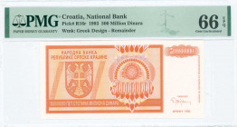 CROATIA: Remainder of 500 million Dinara (1993) issued by National Bank of the Serbian Republic - Krajina in orange on lilac and yellow unpt with Arms...