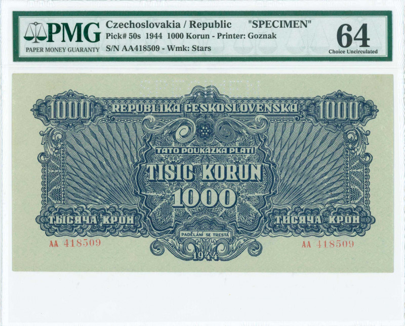 CZECHOSLOVAKIA: Specimen 1000 Korun (1944) in dark blue on green unpt. S/N: "AA ...