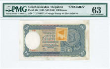CZECHOSLOVAKIA: Specimen of 100 Korun (1940 - ND 1945) in blue on brown, green and pink unpt. S/N: "C13 789957". Perfin "SPECIMEN" at bottom center. O...