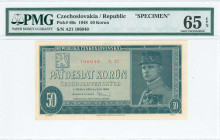 CZECHOSLOVAKIA: Specimen of 50 Korun (3.7.1948) in deep blue on gray unpt with General Milan Stefanik at right. S/N: "106040 A21". Perforated with thr...