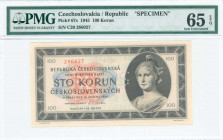 CZECHOSLOVAKIA: Specimen of 100 Korun (16.5.1945) in gray-brown on blue and peach unpt with Liberty wearing cap at right. S/N: "286027 C20". Perforate...