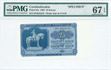 CZECHOSLOVAKIA: Specimen of 25 Korun (1953) in blue on light blue unpt with equestrian statue of Jan Zizka at left. S/N: "HV 055210". Perforated with ...