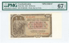 CZECHOSLOVAKIA: Specimen of 100 Korun (1953) in brown on tan and pink unpt with worker and farmer at left. S/N: "HV 001228". Perforated with three hol...
