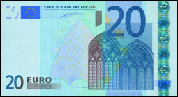 EUROPEAN UNION / PORTUGAL: 20 Euro (2002) in blue and multicolor with gate in gothic architecture. S/N: "M01854102748". Printing press and plate "H005...