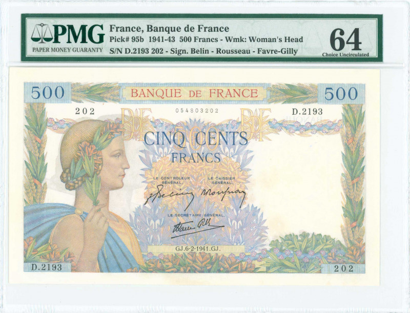 FRANCE: 500 Francs (6.2.1941) in green, lilac and multicolor with Pax with wreat...