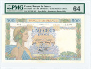 FRANCE: 500 Francs (6.2.1941) in green, lilac and multicolor with Pax with wreath at left. S/N: "D.2193 202". WMK: Pax head. Signatures by Belin, Rous...