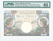 FRANCE: 1000 Francs (28.11.1940) in multicolor with women at left and right. S/N: "L.638 102". Signatures by Bletterie, Rousseau and Favre-Gilly. Insi...