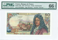 FRANCE: 50 Francs (2.10.1975) in multicolor with Jean Racine at right. S/N: "P.279 68621". WMK: Andromache. Signatures by Bouchet, Tronche and Morant....