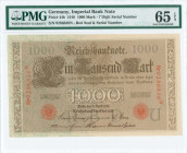 GERMANY: 1000 Mark (21.4.1910) in brown. Seven digits S/N: "9286836 N". Inside holder by PMG "Gem Uncirculated 65 EPQ". (Pick 44b).
