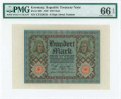GERMANY / WEIMAR REPUBLIC: 100 Mark (1.11.1920) in dark brown with black text on blue and red unpt with Bamberg Horseman at upper left and right. Eigh...