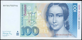 GERMANY / FEDERAL REPUBLIC: 100 Deutsche Mark (1.8.1991) in deep blue and violet on multicolor unpt with Clara Schumann at center right. S/N: "DD 1647...