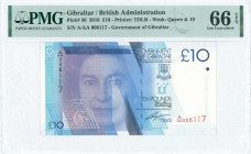 GIBRALTAR: 10 Pounds (1.1.2010) in blue on multicolor with Queen Elizabeth II at left center. S/N: "A/AA 006117". Printed by (TDLR). Inside holder by ...