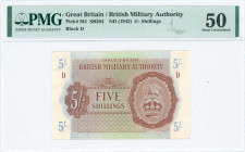 GREAT BRITAIN: 5 Shilings (ND 1943) in brown on blue and green unpt with Coat of Arms of the British army at right. Block "D". Printed by Bank of Engl...