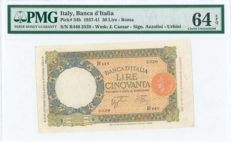 ITALY: 50 Lire (21.10.1938) in blue-violet and yellow brown on orange and yellow...