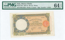 ITALY: 50 Lire (21.10.1938) in blue-violet and yellow brown on orange and yellow unpt. S/N: "R448 3539". WMK: J Caesar. Inside holder by PMG "Choice U...
