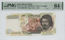 ITALY: 100000 Lire (Law 6.5.1994) in dark brown, reddish brown and pale green on multicolor unpt with couple at center and Caravaggio at right. S/N: "...