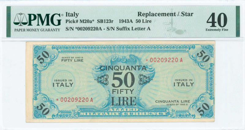 ITALY: Replacement of 50 Lire (1943 A) in blue. S/N: "*00209220A" with suffix le...