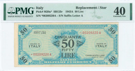 ITALY: Replacement of 50 Lire (1943 A) in blue. S/N: "*00209220A" with suffix letter "A". Inside holder by PMG "Extremely Fine 40". (Pick M20a*).