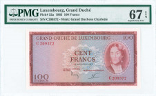 LUXEMBOURG: 100 Francs (18.9.1963) in dark red on multicolor unpt with portrait of Grand Duchess Charlotte at right. S/N: "C 209372". WMK: Grand Duche...
