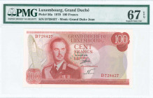 LUXEMBOURG: 100 Francs (15.7.1970) in red on multicolor unpt with Grand Duke Jean at left center. S/N: "D 728427". WMK: Grand Duke Jean. Inside holder...