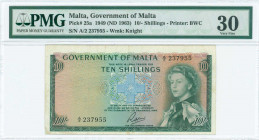 MALTA: 10 Shillings (Law 1949 / ND 1963) in green and blue on multicolor unpt with Queen Elizabeth II at right and cross at center. S/N: "A/2 237955"....