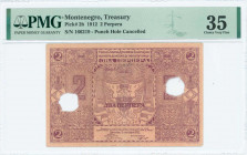 MONTENEGRO: 2 Perpera (1.10.1912) in lilac with Arms at center. S/N: "166219". Punch hole cancelled. Inside holder by PMG "Choice Very Fine 35". (Pick...