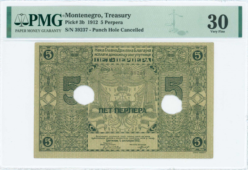 MONTENEGRO: 5 Perpera (1.10.1912) in lilac with Arms at center. S/N: "392379". P...