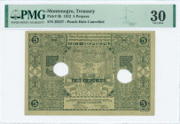 MONTENEGRO: 5 Perpera (1.10.1912) in lilac with Arms at center. S/N: "392379". Punch hole cancelled. Inside holder by PMG "Choice Very Fine 30 / Tear"...