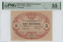 MONTENEGRO: 5 Perpera (25.7.1914) of Royal Government third issue in red with black text at center and ornamental anchor at upper center. S/N: "B.10 5...