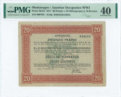 MONTENEGRO: 20 Perper = 10 Munzperper = 10 Kronen (20.11.1917) of Army Administration issue in red-brown on green unpt with black text. S/N "040794". ...