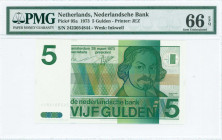 NETHERLANDS: 5 Gulden (28.3.1973) in dark green on green and multicolor unpt with Joost van den Vondel at right. S/N: "2423054844". WMK: Inkwell, quil...