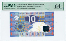 NETHERLANDS: 10 Gulden (1.7.1997) in purple and blue-violet on multicolor unpt with value and geometric designs. S/N: "1002868264". WMK: Bird. Printed...