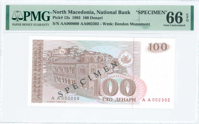 NORTH MACEDONIA: Specimen of 100 Denari (1993) in brown on multicolor unpt with ...