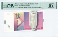 NORTH MACEDONIA: 10 Denari (1.2007) in deep olive-green on multicolor unpt with torso statue of Goddess Isida at right. S/N: "GG 015698". WMK: The sta...