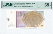 NORTH MACEDONIA: 100 Denari (1.2002) in brown on multicolor unpt with baroque wooden ceiling rosette in Debar town house at center left. S/N: "CC 3307...