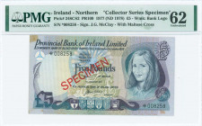 NORTHERN IRELAND: Collector series specimen of 5 Pounds (1977) in blue and purple on multicolor unpt with young woman at right. S/N: "*008258". Red di...