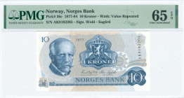 NORWAY: 10 Kroner (1977) in dark blue on multicolor unpt with Fridtjof Nansen at left. S/N: "AK 8182205". WMK: Value "10" repeated. Inside holder by P...