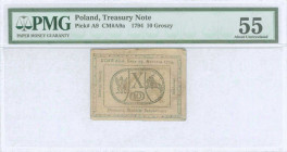POLAND: 10 Groszy (13.8.1794) with Arms of Poland and Lithuania flanking value at center. Inside holder by PMG "About Uncirculated 55". (Pick A9).