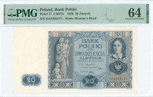 POLAND: 20 Zlotych (11.11.1936) in blue on light peach unpt with statue of Emilia Platerowa with two children at left and E Plater at upper right. S/N...